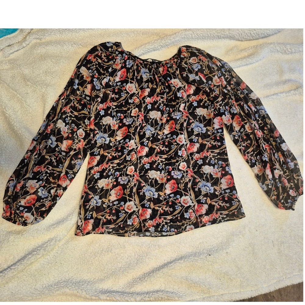 White House Black Market Floral Blouse Peasant Sleeve Ladder Trim Top Black 4